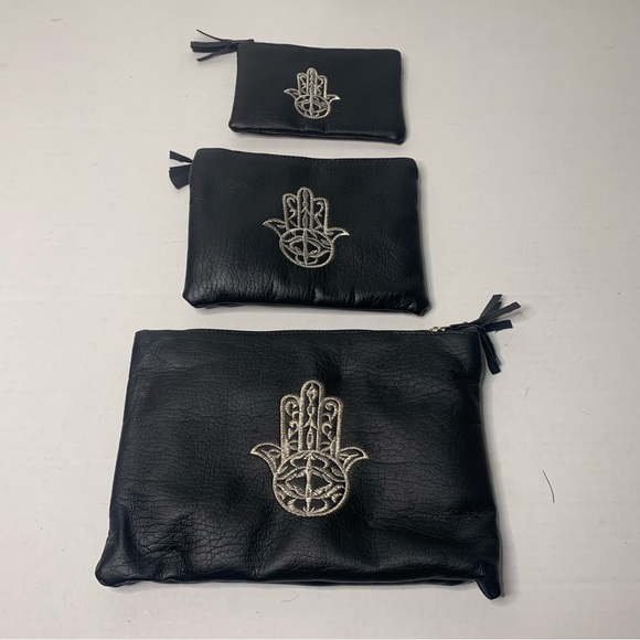 Handbags - 3pc Black Moroccan Leather Hamsa Pouches